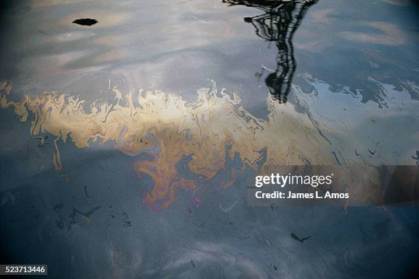 oil slick on water - wasserverschmutzung stock-fotos und bilder