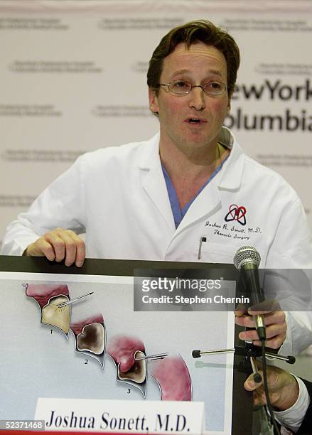 Thoracic surgeon Dr. Joshua Sonett holds a cross-section diagram of a chest cavity as he explains the procedure performed on former U.S. President...