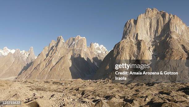 trango towers in karakoram range - trango towers stock pictures, royalty-free photos & images