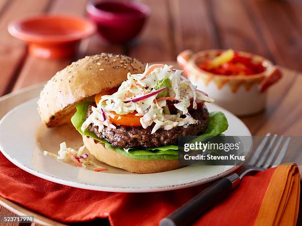 hamburger with coleslaw - coleslaw stock pictures, royalty-free photos & images