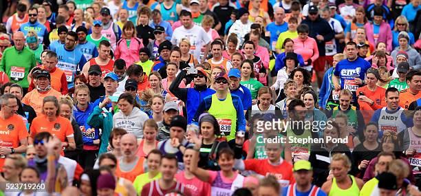 Athletes begin the mass start during the Virgin Money London Marathon on April 24, 2016 in London, England.