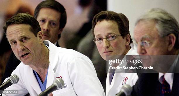 Cardiothoracic Chief Dr. Craig Smith speaks as Thoracic surgeon Dr. Joshua Sonett , Dr. Herbert Pardes and Dr. Robert Kelly listen during a press...