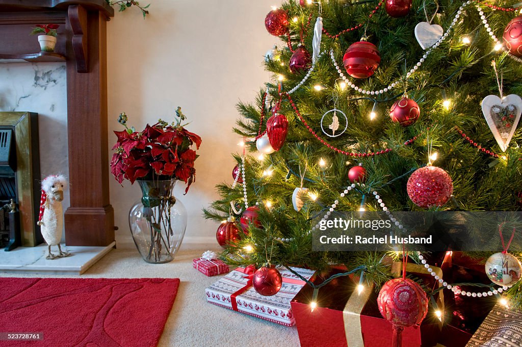 Close up of red and white beaded Christmas tree