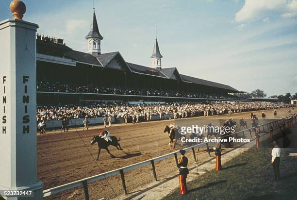 The finish of the Kentucky Derby at Churchill Downs in Louisville, Kentucky, circa 1960.