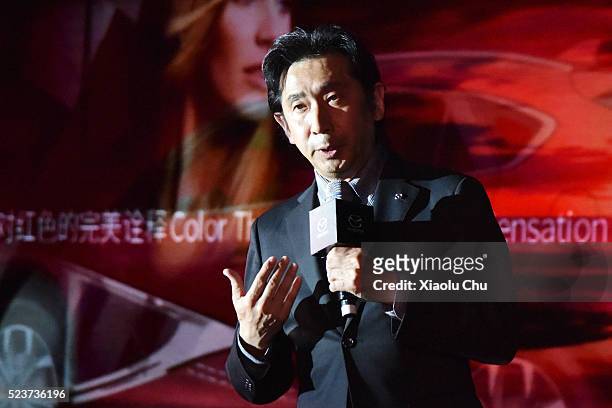 Iwao Koizumi, Chief Designer for CX-4 of Mazda Motor Co speaks during the Pre-Event For Beijing Motor Show - Auto China on April 24, 2016 in Beijing,...