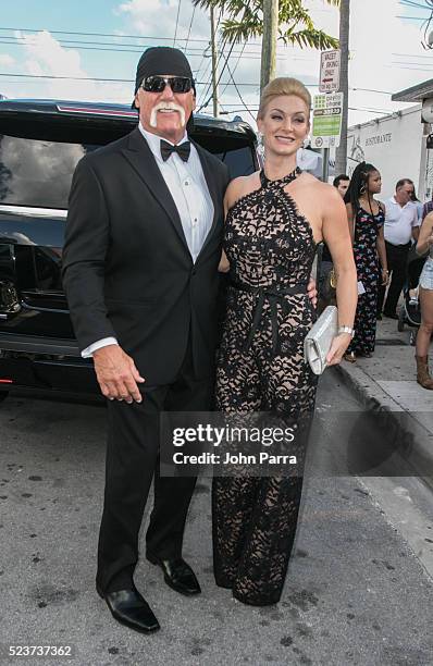 Hulk Hogan and wife Jennifer McDaniel attend David Grutman's and model Isabela Rangel wedding in Wynwood Wall on April 23, 2016 in Miami, Florida.