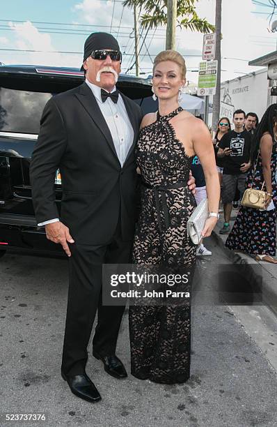 Hulk Hogan and wife Jennifer McDaniel attend David Grutman's and model Isabela Rangel wedding in Wynwood Wall on April 23, 2016 in Miami, Florida.