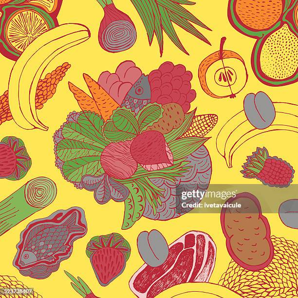 fruit, vegetables, meat and fish - hake stock illustrations