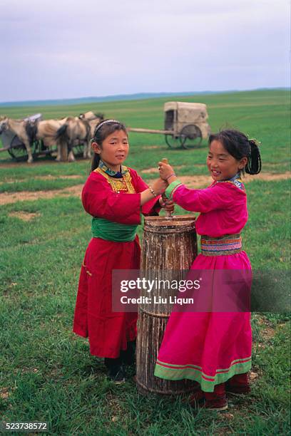 mongolian girls churning milk - butter churn stock pictures, royalty-free photos & images