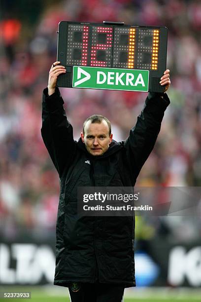 Fourth official makes a substitution during the Bundesliga match between FC Bayern Munich and 04 Bayer Leverkusen at The Olympic Stadium on Feburary...