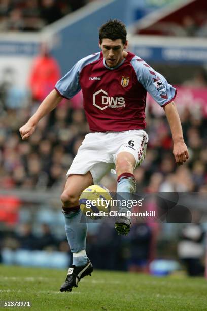 Gareth Barry of Aston Villa controls the ball during the Barclays Premiership match between Aston Villa and Everton at Villa Park on February 26,...