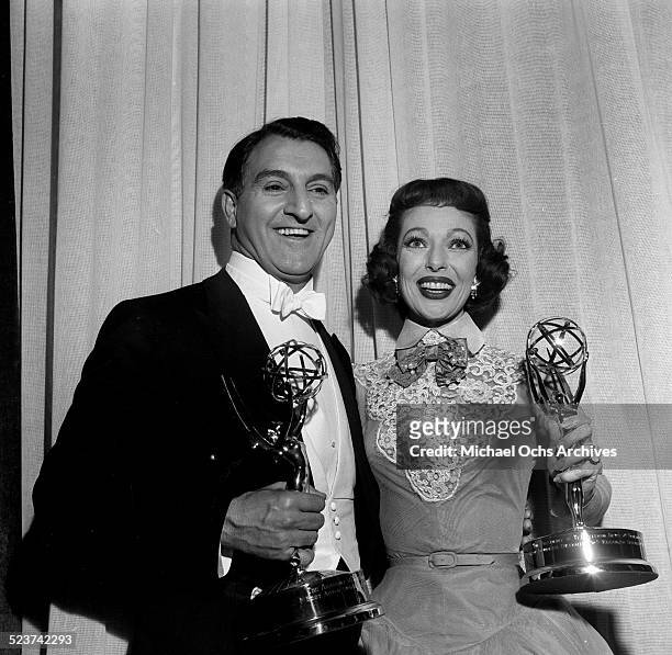 Actor Danny Thomas and actress Loretta Young pose with their awards during the 7th Emmy Awards in Los Angeles,CA.