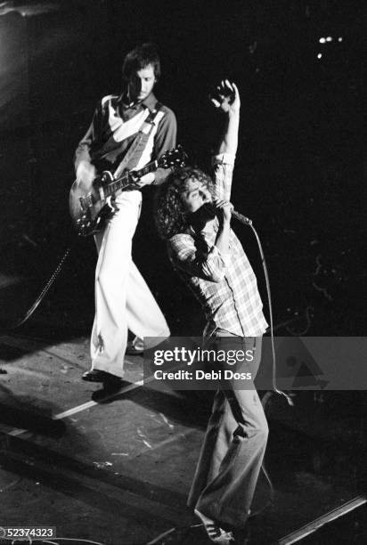 Guitarist Pete Townshend and Roger Daltrey of The Who on stage at the Lyceum, London, 1973.
