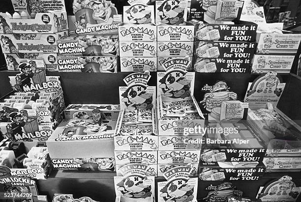 Retail display featuring Pac-Man candy and chewing gum at the Paramus Park Mall, New Jersey, USA, 14th August 1982.