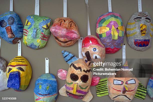 children's papier mache masks - papier stock pictures, royalty-free photos & images