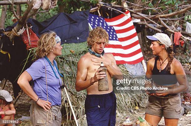 Americans Kathy Vavrick-O'Brien, Gabriel Cade and Zoe Zanidakis, cast members on the tv reality show 'Survivor: Marquesas,' chat at the Rotu...