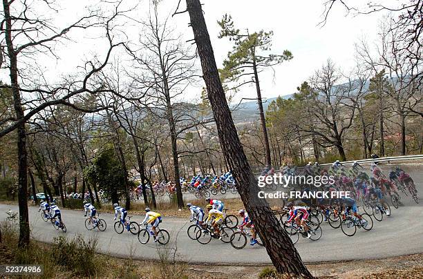 The pack rides during the fifth stage of the 63th edition of the Paris-Nice cycling race's, 11 March 2004 between Rognes and Mont-Faron near Toulon....
