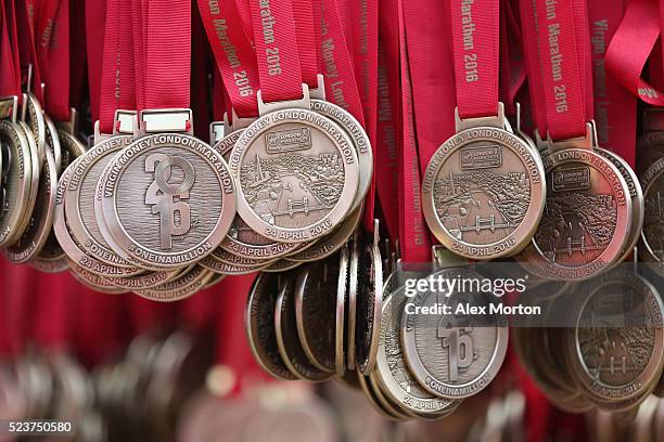 Medals hanging up prior to the Virgin Money Giving London Marathon at the finish on The Mall on April 24, 2016 in London, England.