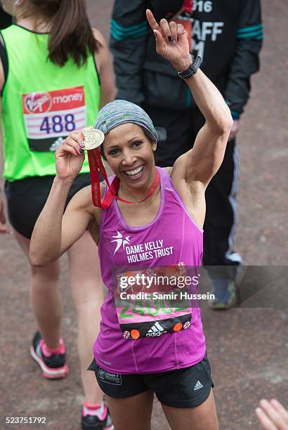 Dame Kelly Holmes finishes the Virgin London Marathon 2016 on April 24, 2016 in London, England.