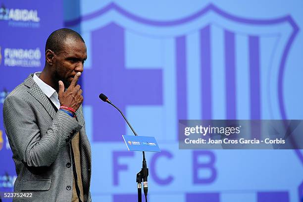 Eric Abidal, speaks during the Eric Abidal and F.C.Barcelona foundation launch on April 22, 2016 in Barcelona, Spain.