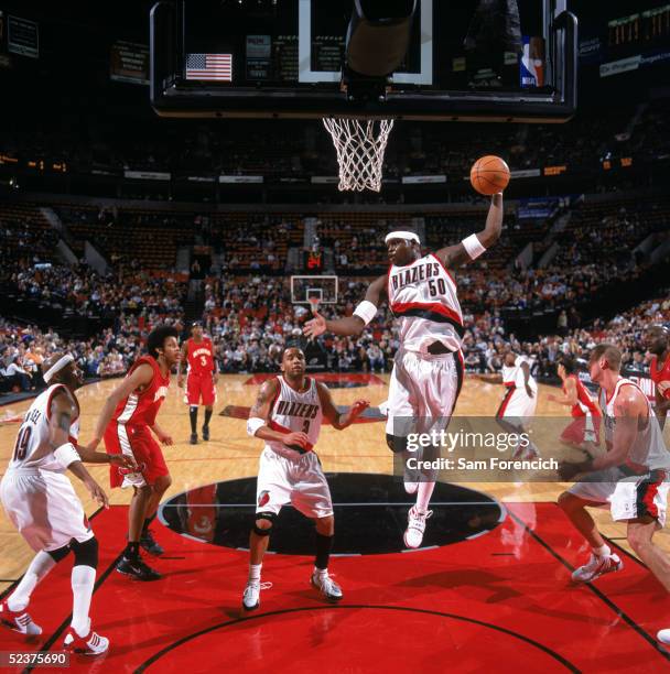 Zach Randolph of the Portland Trail Blazers grabs a rebound during a game against the Atlanta Hawks at The Rose Garden on February 25, 2005 in...