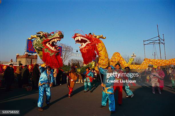 chinese new year dragon dance in street - dragon dance stock-fotos und bilder