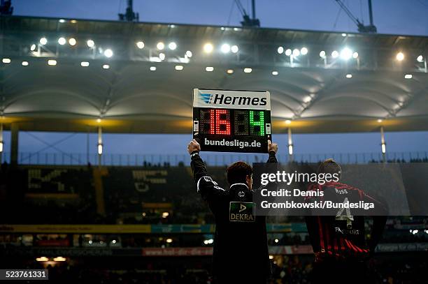 The Hermes substitution board is seen during the Bundesliga match between Eintracht Frankfurt and 1899 Hoffenheim on January 26, 2013 in Frankfurt am...