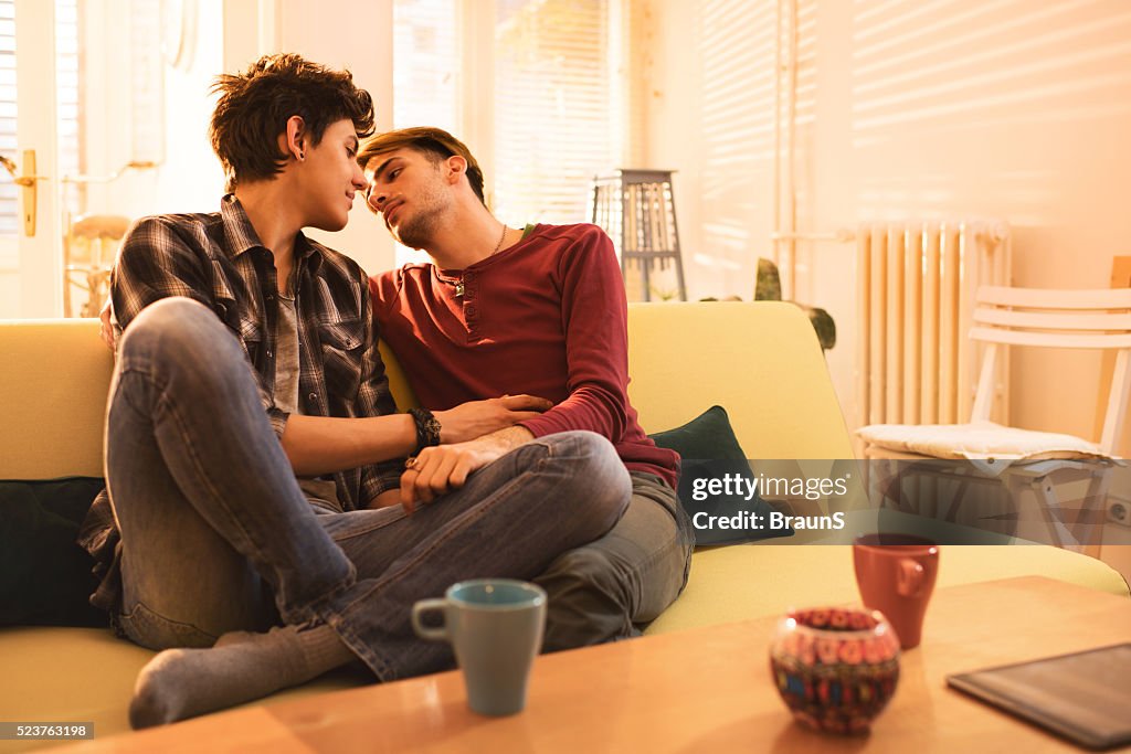 Foto de pareja gay aproximadamente a kiss en la sala de estar.