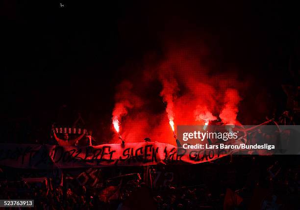 Fans of Kaiserslautern are seen during the Bundesliga Playoff second leg match between 1. FC Kaiserslautern and 1899 Hoffenheim at...