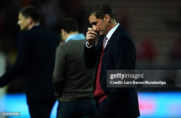 Manager Stefan Kuntz of Kaiserslautern looks dejected after loosing the Bundesliga Playoff second leg match between 1. FC Kaiserslautern and 1899...