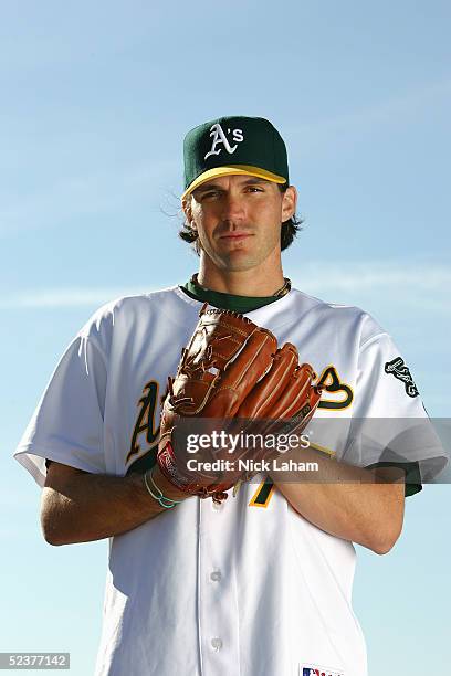 Barry Zito of the Oakland Athletics poses for a portrait during the Oakland Athletics Photo Day at Papago Park on February 28, 2005 in Phoenix,...