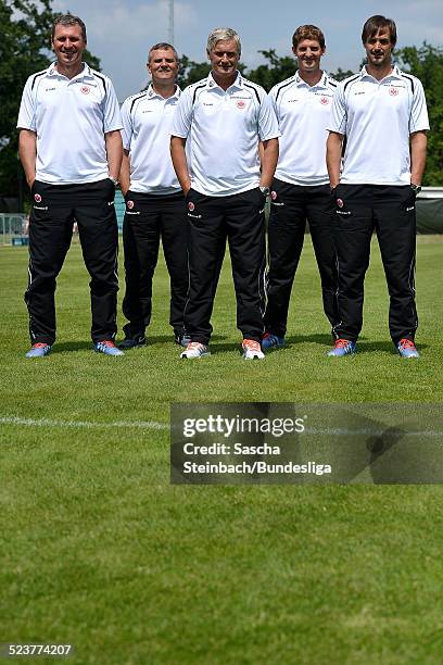 Reiner Geyer, Manfred Petz, Armin Veh, Michael Fabacher and Christian Koledziej pose during Eintracht Frankfurt Media Day for DFL on July 12, 2013 in...