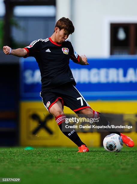 Heung-Min Son controles the ball during a DFL media day of Bayer Leverkusen on July 14, 2013 in Zell am See, Austria.