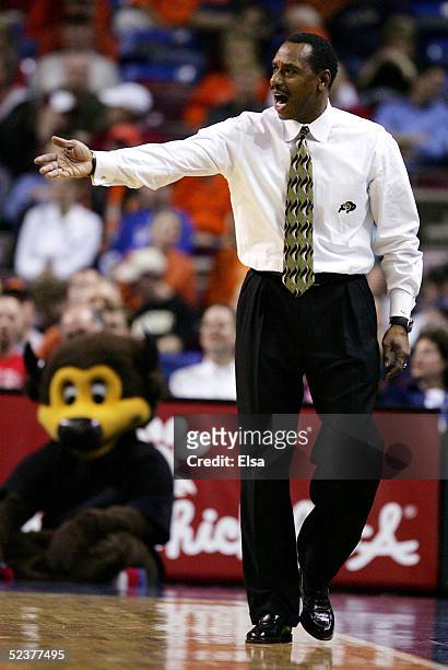 Head coach Ricardo Patton of the Colorado Buffaloes argues a call in the second half against the Oklahoma State Cowboys in Day 2 of the Phillips 66...