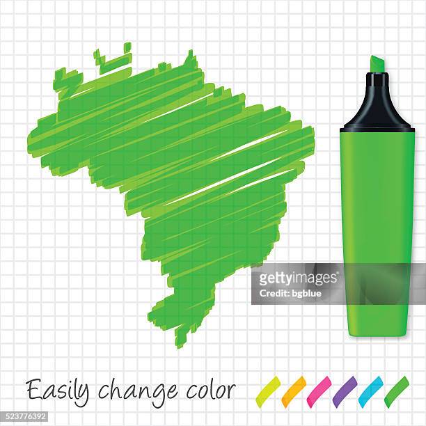 ブラジルグリッドに手描きされた地図紙、緑の蛍光ペン - フェルト点のイラスト素材／クリップアート素材／マンガ素材／アイコン素材