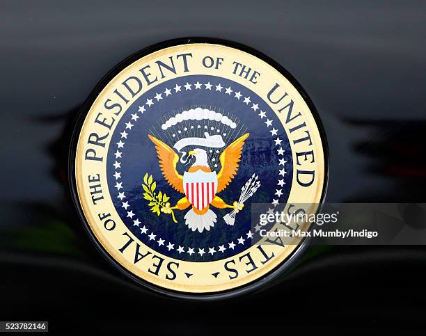 The Seal of the President of the United States seen on the door of the US Presidential State Car prior to US President Barack Obama's departure from...