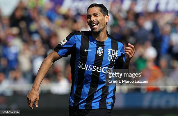 Marco Borriello of Atalanta BC celebrates after scoring the opening goal during the Serie A match between Atalanta BC and AC Chievo Verona at Stadio...