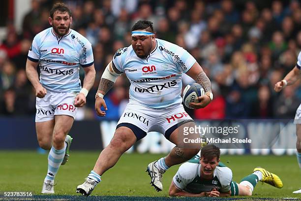 Ben Tameifuna of Racing 92 makes a break as Freddie Burns of Leicester is left grounded during the European Rugby Champions Cup Semi-Final match...