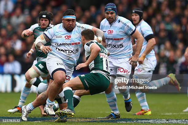 Ben Tameifuna of Racing 92 runs at Ben Youngs of Leicester during the European Rugby Champions Cup Semi-Final match between Leicester Tigers and...