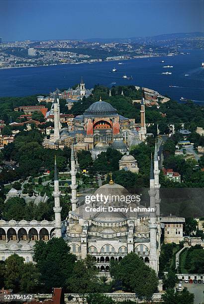 blue mosque and hagia sophia - bosphorus stockfoto's en -beelden