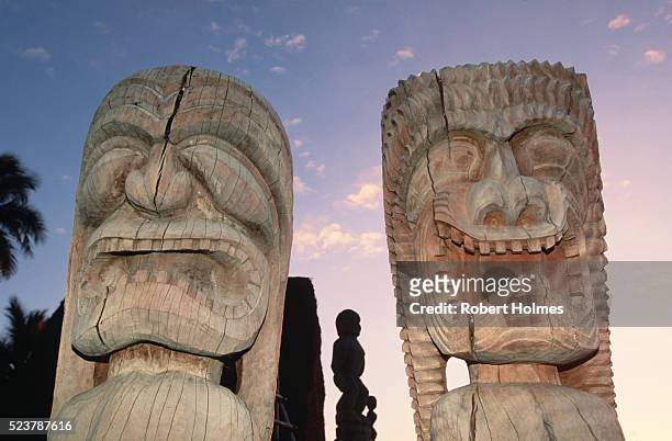 close-up view of ku kaili and ku ki'i akua statues at puuhonua o honaunau national historical park in hawaii - ティキ像 ストックフォトと画像