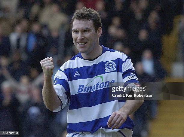 Kevin Gallen of Queens Park Rangers celebrates scoring the second goal during the Coca-Cola Championship match between Queens Park Rangers and...