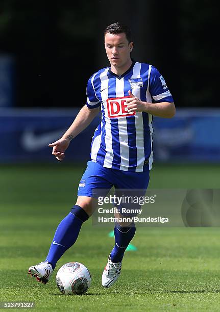 Alexander Baumjohann of Berlin in action during the Hertha BSC Media Day for DFL at the training ground of the team on July 17, 2013 in Berlin,...