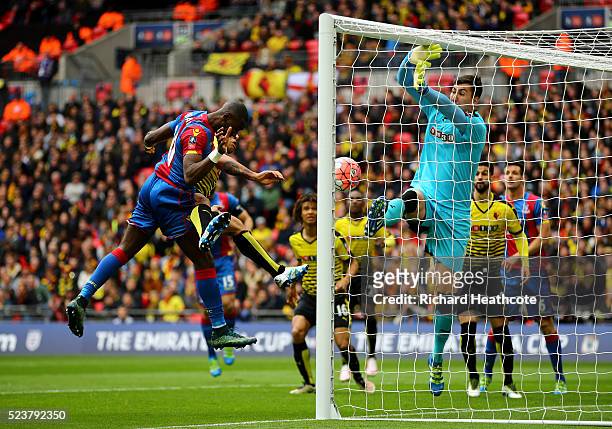 Yannick Bolasie of Crystal Palace heads past goalkeeper Costel Pantilimon of Watford to score their first goal during The Emirates FA Cup semi final...