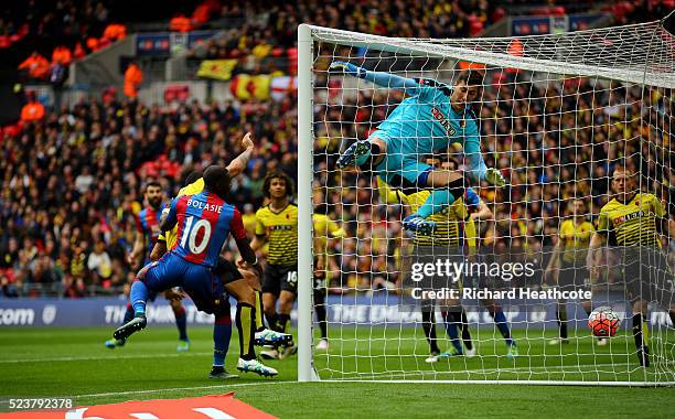 Yannick Bolasie of Crystal Palace heads past goalkeeper Costel Pantilimon of Watford to score their first goal during The Emirates FA Cup semi final...