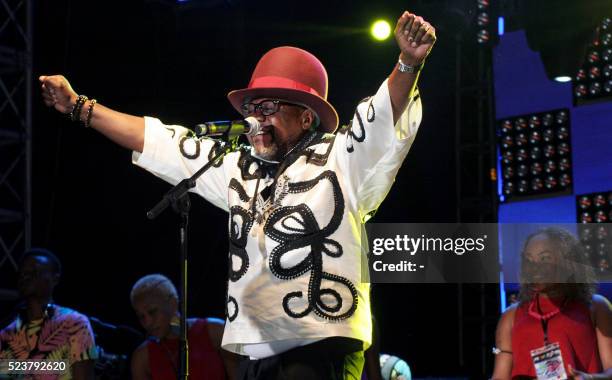 Congolese music star Papa Wemba performs during the Femua music festival in Abidjan on April 24, 2016 before collapsing on stage. - The flamboyant...