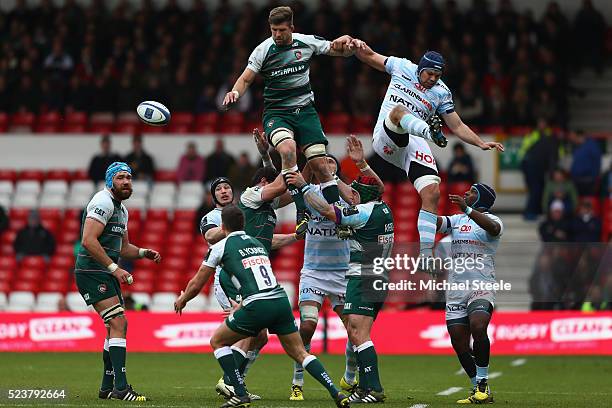 Mike Fitzgerald of Leicester wins a lineout ahead of Francois Van der Merwe of Racing 92 during the European Rugby Champions Cup Semi-Final match...