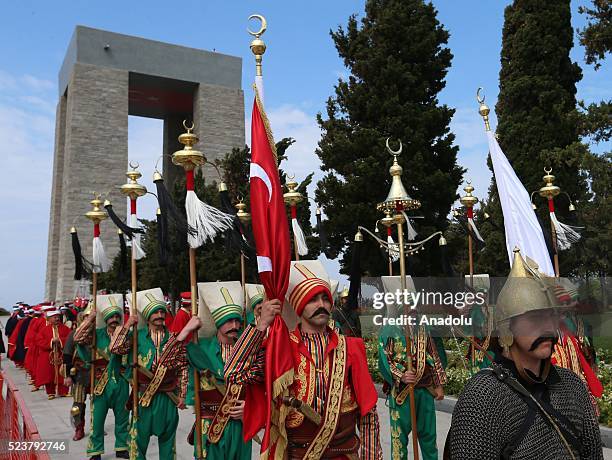 Janissary Band, traditional Ottoman Military Band, members perform during a ceremony on the occasion of the 101st anniversary of Canakkale Land...