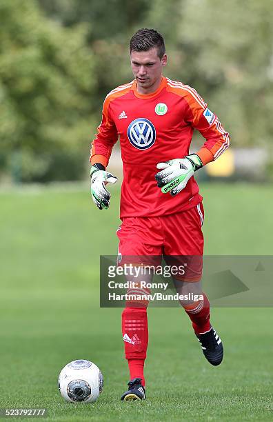 Goalkeeper Max Gruen of Wolfsburg in action during the VfL Wolfsburg Media Day for DFL at the training ground of the team on July 18, 2013 in...