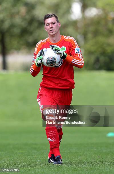 Goalkeeper Max Gruen of Wolfsburg in action during the VfL Wolfsburg Media Day for DFL at the training ground of the team on July 18, 2013 in...